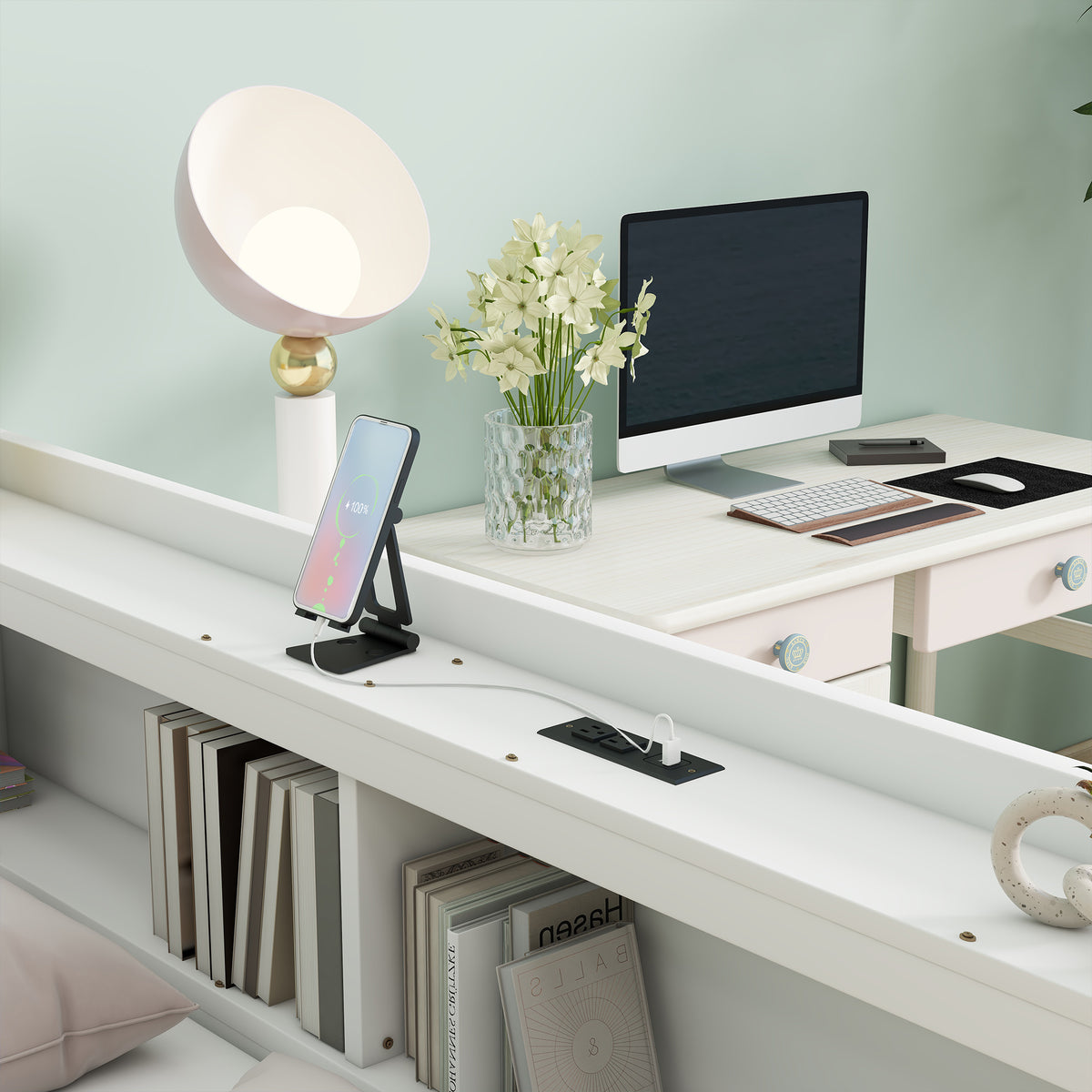 Full Size L-shaped Bookcases Bed with Power Outlets, USB Charging Ports, Two Drawers, Whtie