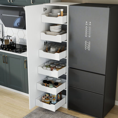 Tall Slim Pantry Storage Cabinet, Freestanding Single-Door Kitchen Cupboard with 6 Pull-Out Drawers, Narrow Food Storage Organizer for Kitchen, Dining Room