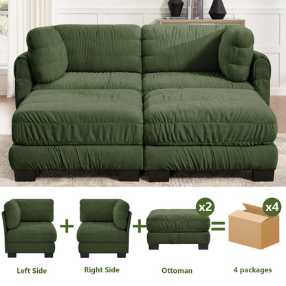 2 Seat Ruched Detailing Chenille Modular Sectional Sofa,Movable 2 Ottomans,High-Density Foam,L Shape Thickened  Back Cushions,Easy Assembly,For Living Room,Bedroom,Green