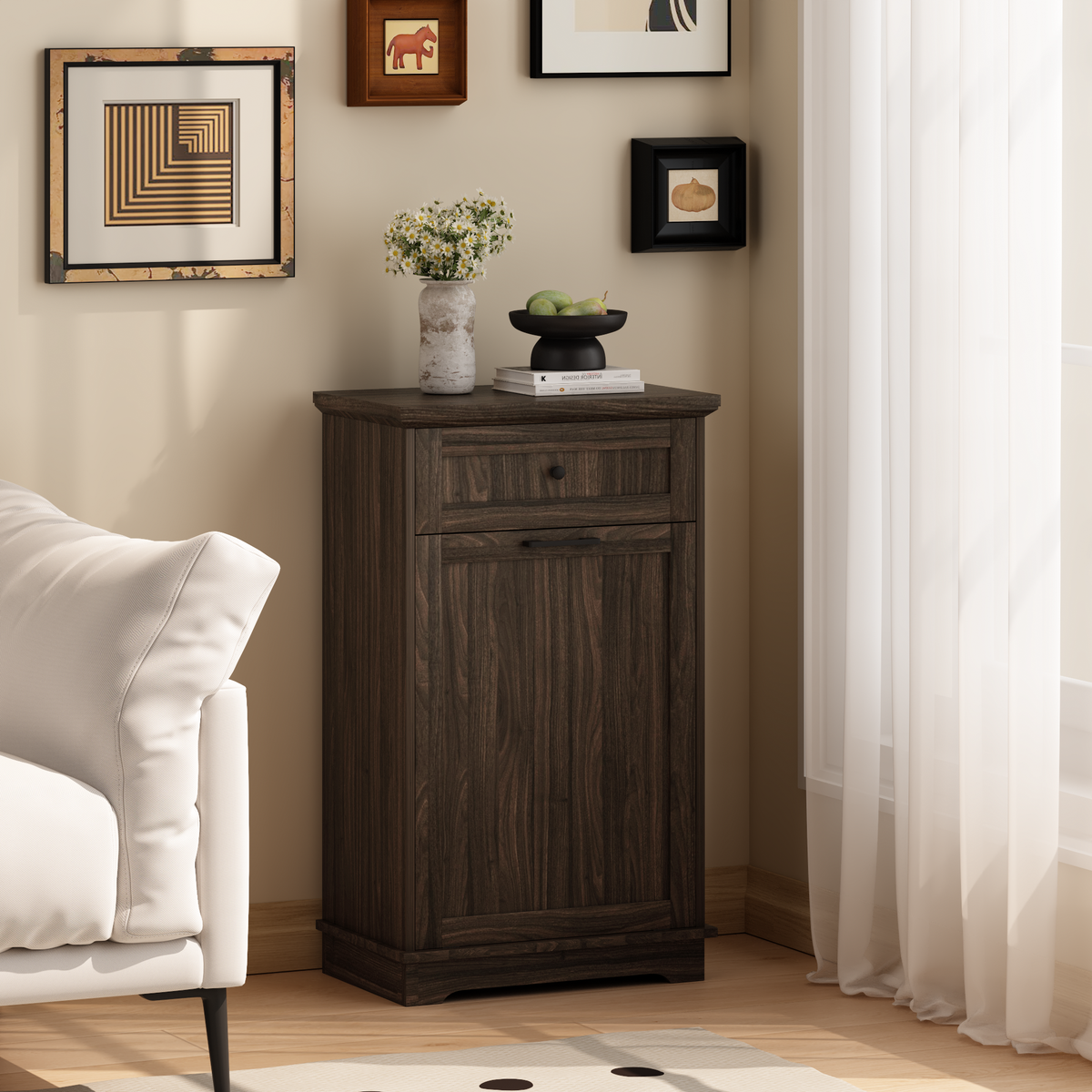 10 Gallon Tilt Out Trash Cabinet Freestanding Trash Bin Cabinet Wood Garbage Recycling Cabinet with Hideaway Drawer Pet Proof Trash Can Holder for Kitchen Living Room, Antique Brown (not include can)