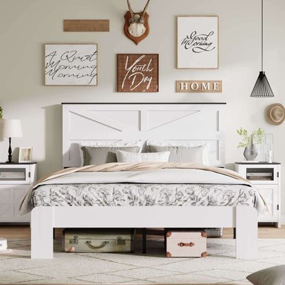 Queen Bed Frame Headboard, Wood Platform Bed Frame, Noise Free, No Box Spring Needed and Easy Assembly Tool, Large Under Bed Storage, White