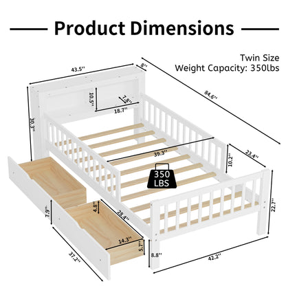 Twin Size Bed with Headboard Storage Rack, Two Under-Bed Drawers, Three-Side Guardrails for Safety and Security, White