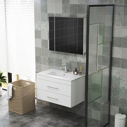 32-Inch White Gloss Wall-Mounted Bathroom Vanity with Double Drawers, Soft-Close System,Ceramic Sink, Create a Modern and Minimalist Bathroom Space!