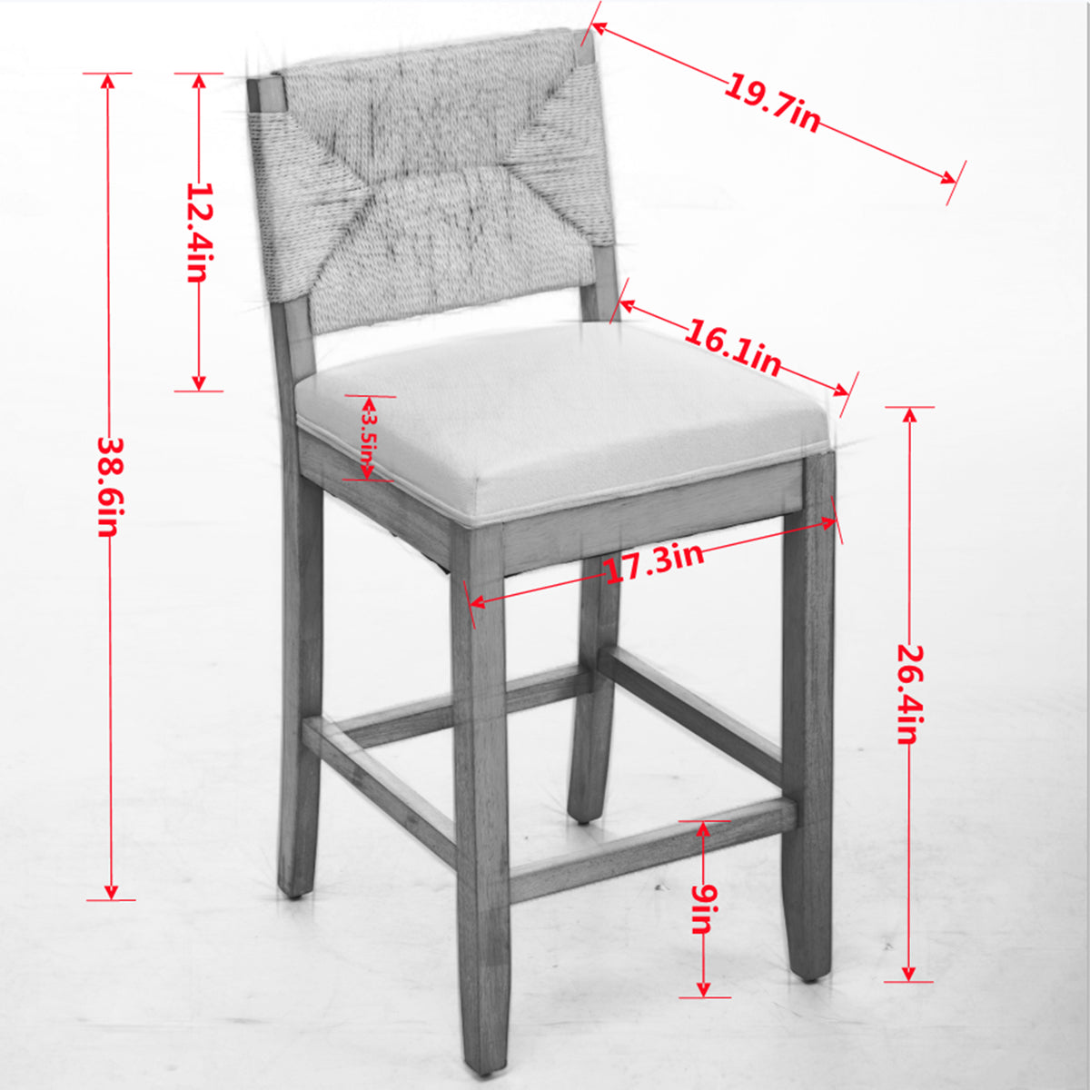 Hand‑Woven Rattan Counter Height Bar Stools Set of 2, 27 Inch Seat Height, Linen Upholstered Barstools with S‑Spring & High‑Density Sponge Cushion, Solid Wood Frame for Kitchen Island,SW1872MT