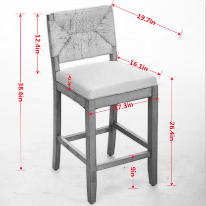 Hand‑Woven Rattan Counter Height Bar Stools Set of 2, 27 Inch Seat Height, Linen Upholstered Barstools with S‑Spring & High‑Density Sponge Cushion, Solid Wood Frame for Kitchen Island,SW1872MT