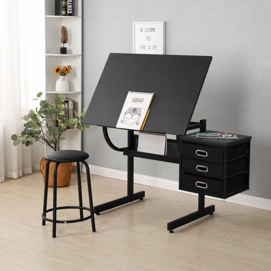 Black tabletop  Adjustable drafting  drawing table for Crafting, Reading, Writing with stool and 3 Storage drawers