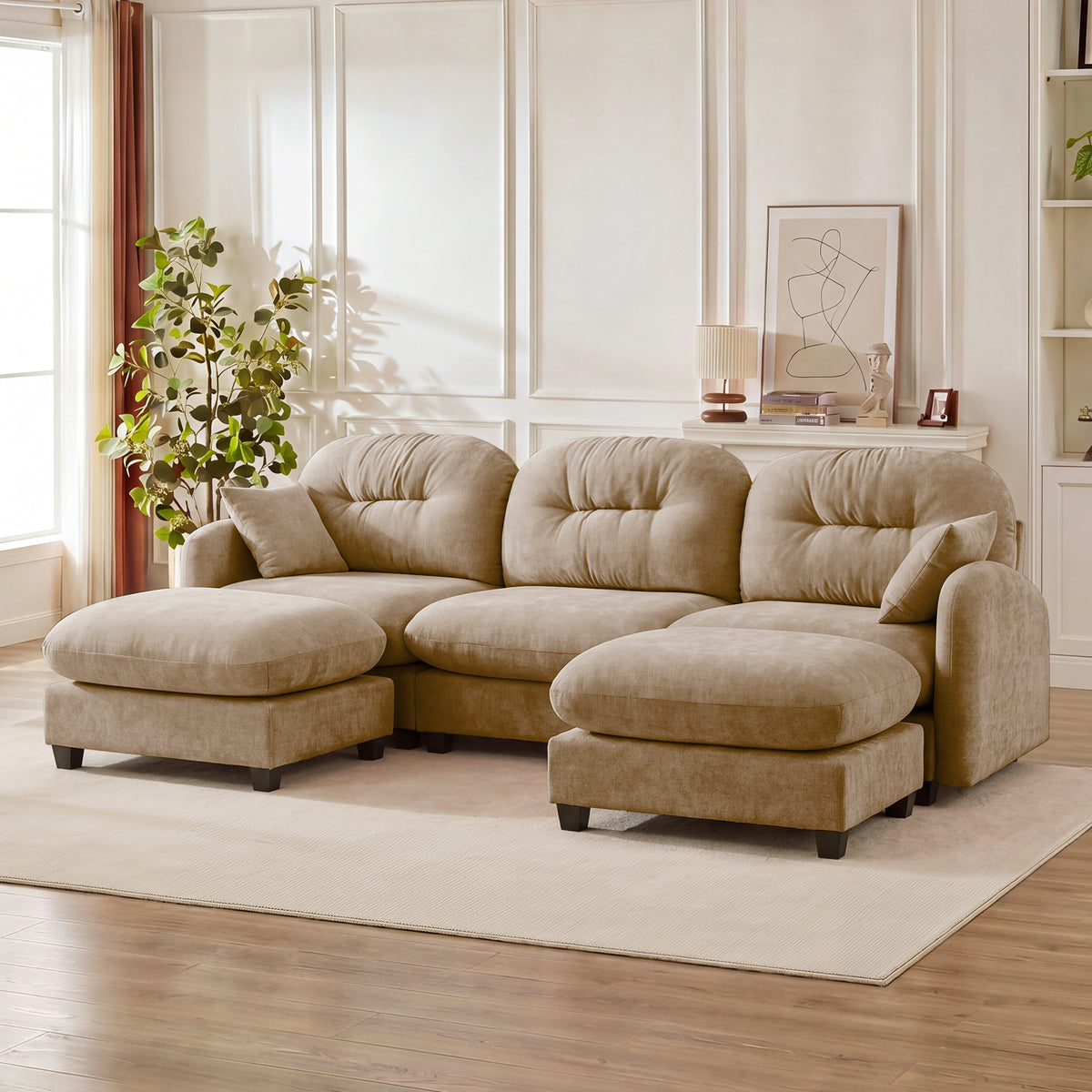 Modular Sectional U Shaped Couch With Ottoman, Premium Chenille Fabric, With 2 Throw Pillows, High-Density Foam Quilted Pleated Design – Model W714S01379