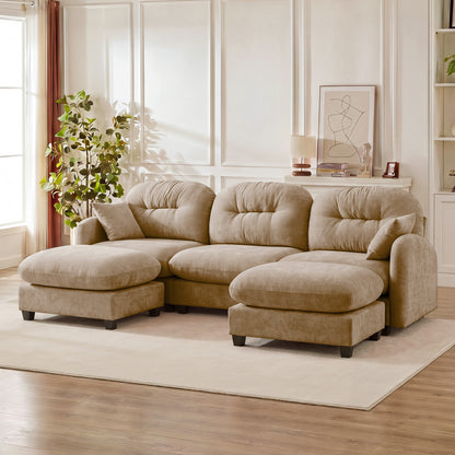 Modular Sectional U Shaped Couch With Ottoman, Premium Chenille Fabric, With 2 Throw Pillows, High-Density Foam Quilted Pleated Design – Model W714S01379