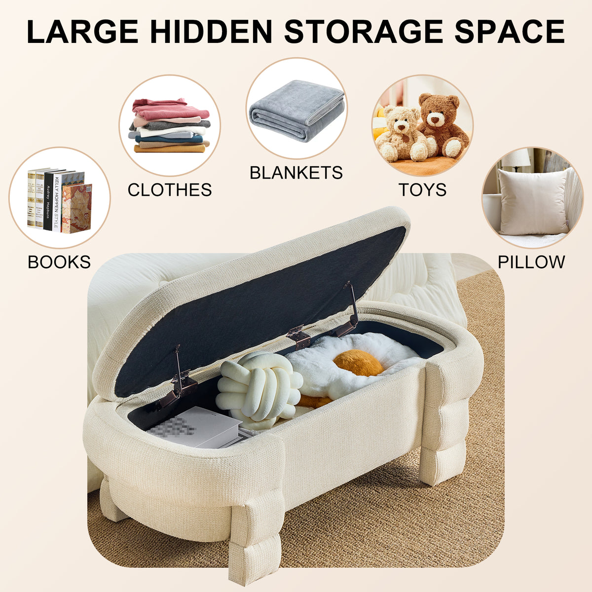 48.8" Ottoman with Storage,Storage Bench,Upholstered Entryway Bench with Seating, End of Bed Ottomans for Living Room, Bedroom, Modern Entryway Benchs,Beige