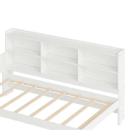 Twin Size Solid Wood Single Bed with Large Multi-compartment Storage Headboard Bookshelf, Simple Solid Wood Bed Frame, Multi-functional Storage Bed for Bedroom,White