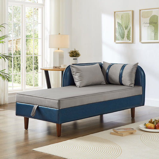 65" Storage Chaise Lounge Sofa Navy Blue PU and Light Gray Velvet