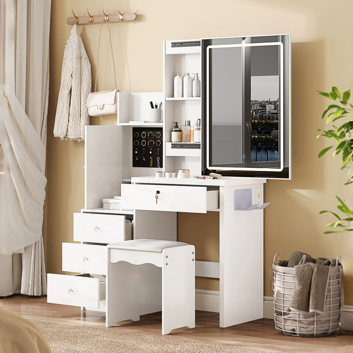 Vanity Desk Set with Sliding Lighted Mirror, Makeup Dressing Table with 4 Drawers & 9 Storage Spaces