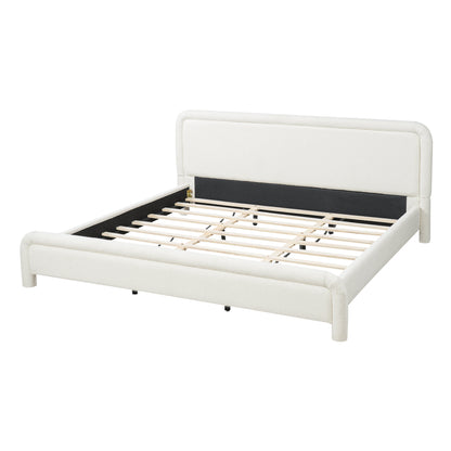 Modern White Boucle Upholstered King Size Platform Bed Frame with Curved Headboard, Wood Slats Support, No Box Spring Needed, Easy Assembly