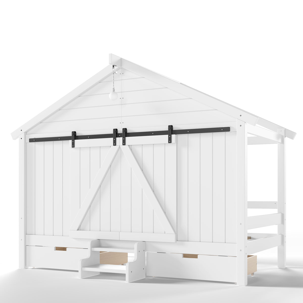 Twin Size Farmhouse Bed with Sliding Barn Door and Light Bulb, Wood house Bed Frame with Stair and Drawers, White