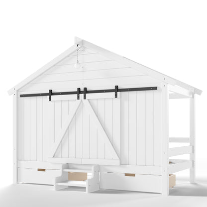Twin Size Farmhouse Bed with Sliding Barn Door and Light Bulb, Wood house Bed Frame with Stair and Drawers, White