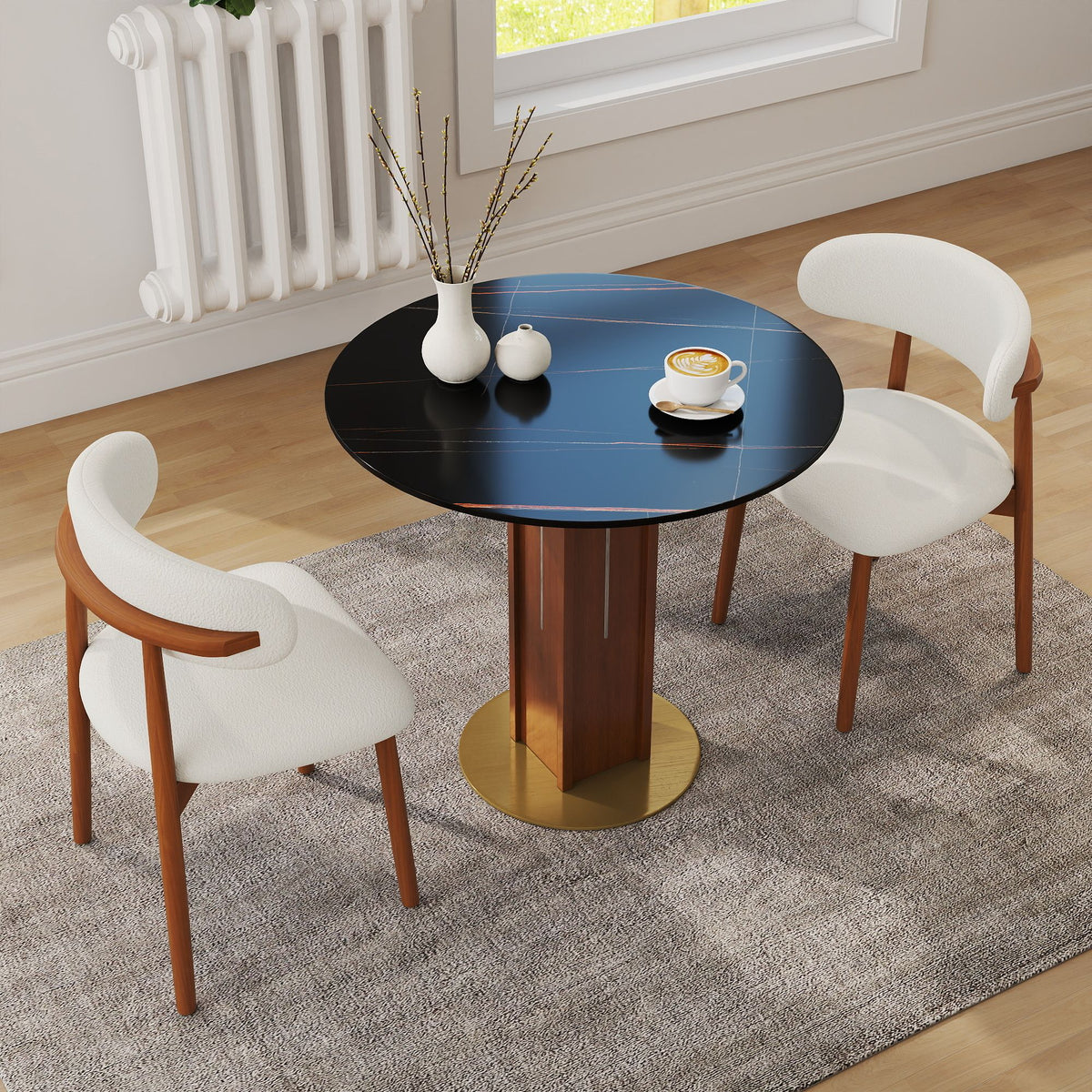 Φ85cm Round Slate Dining table, 12mm Black Desktop, Walnut Column, 2 - Person Kitchen Table for Small Space, 150lbs Weight Capacity(Only the Negotiation Table)