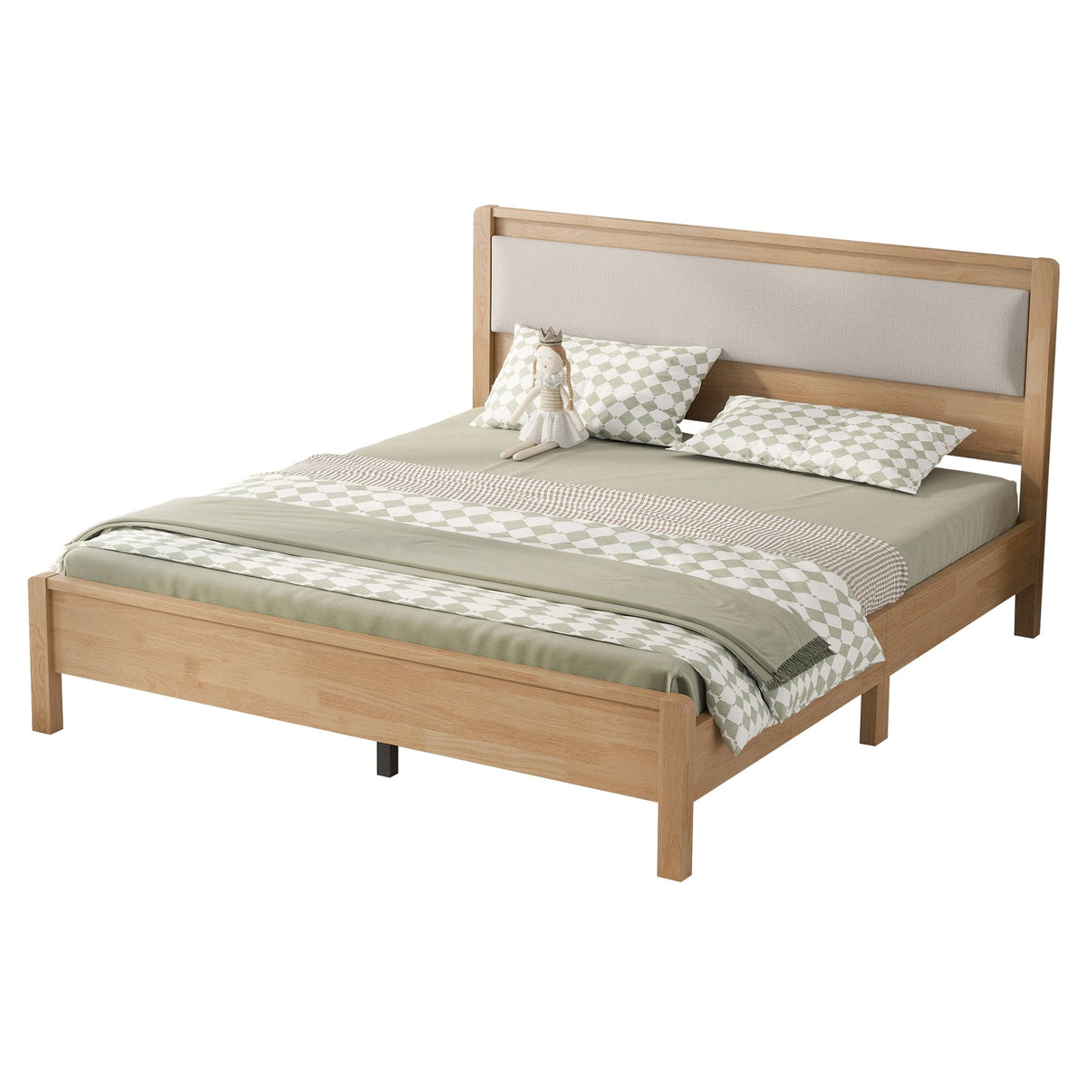 Queen Size, Solid Rubber Wooden Bed with Upholstered Headboard, Reinforced by Central Support Legs,Natural