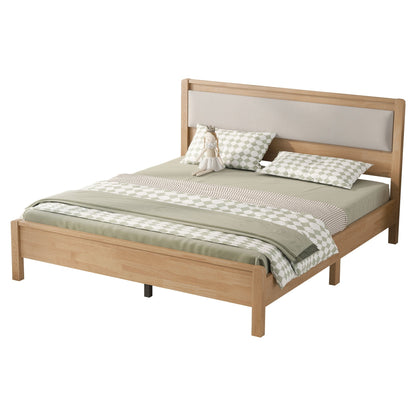 Queen Size, Solid Rubber Wooden Bed with Upholstered Headboard, Reinforced by Central Support Legs,Natural