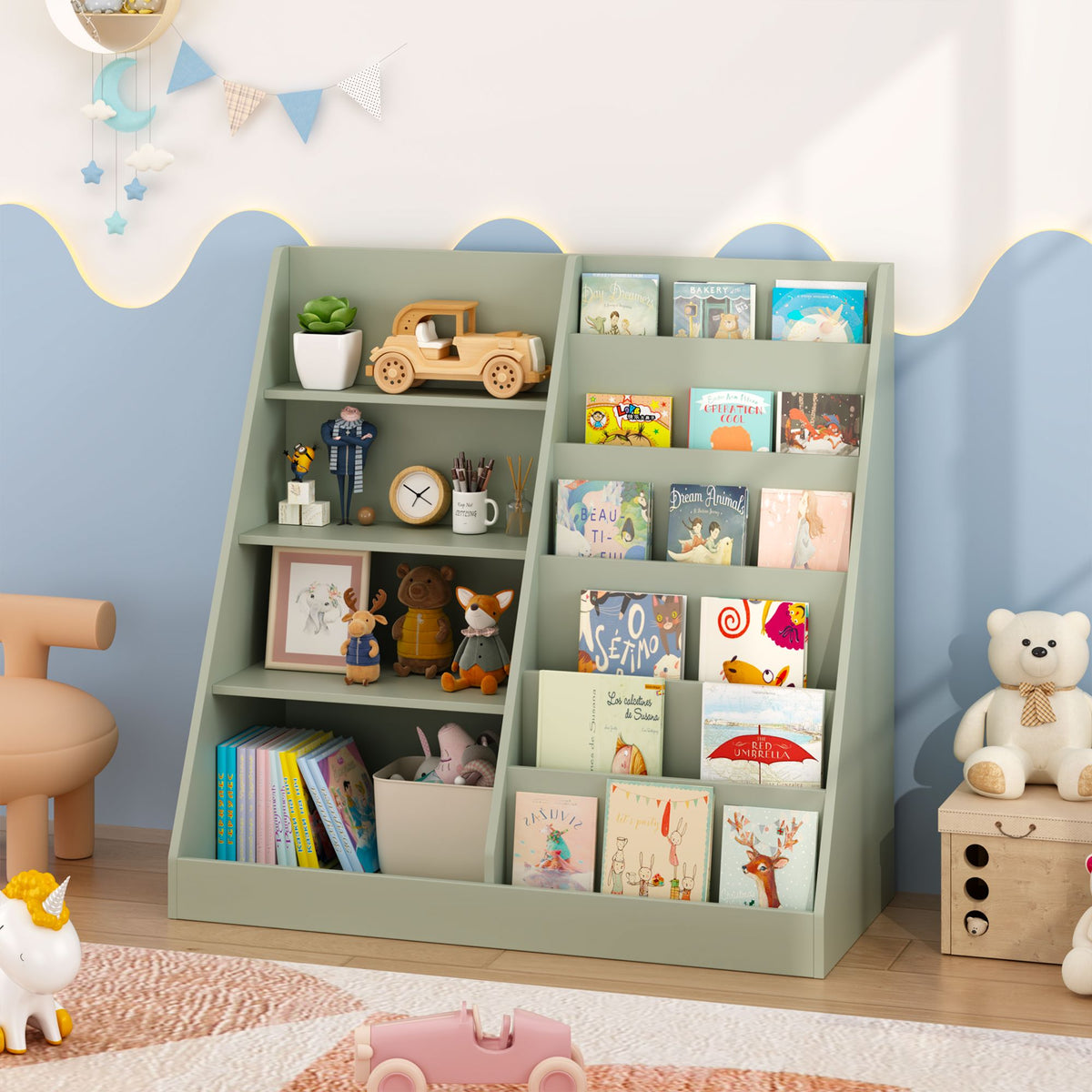 Kids Bookshelf and Toy Storage Organizer, Multifunctional 4 Tier Wooden Kids Book Shelf with  Bookcase Display Stand in Kids Room Playroom Nursery for Kids, Children, Toddlers (Sage)
