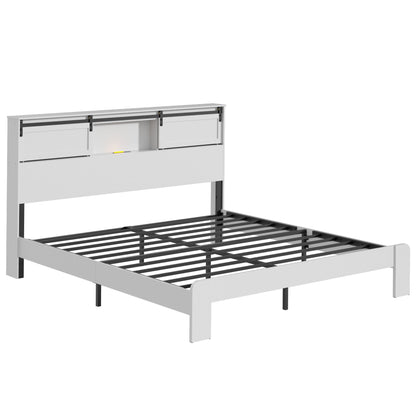 King size bed, metal bed frame with charging station, no need for box spring, (white), no noise, easy to assemble.