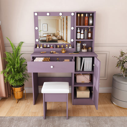 Modern Purple Vanity Desk Set with Padded Stool and Adjustable LED Mirror, 3 Color Light Modes, MDF Construction