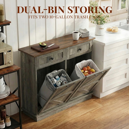 Tilt Out Trash Can Cabinet for Kitchen, Double 10-Gallon Hidden Trash Cabinet with Drawer, Farmhouse Wooden Garbage Cabinet, Dog Proof Trash Can Storage for Kitchen Laundry Living Room Office