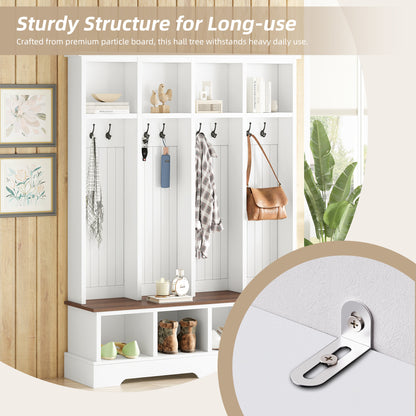 Farmhouse Hall Tree with 8 Hooks, Practical Entryway Bench with Open Compartments, 76.7"H Modern 3-in-1 Wooden Style Coat and Shoe Rack for Mudroom, Living Room, White (OLD SKU: N721S000075K)