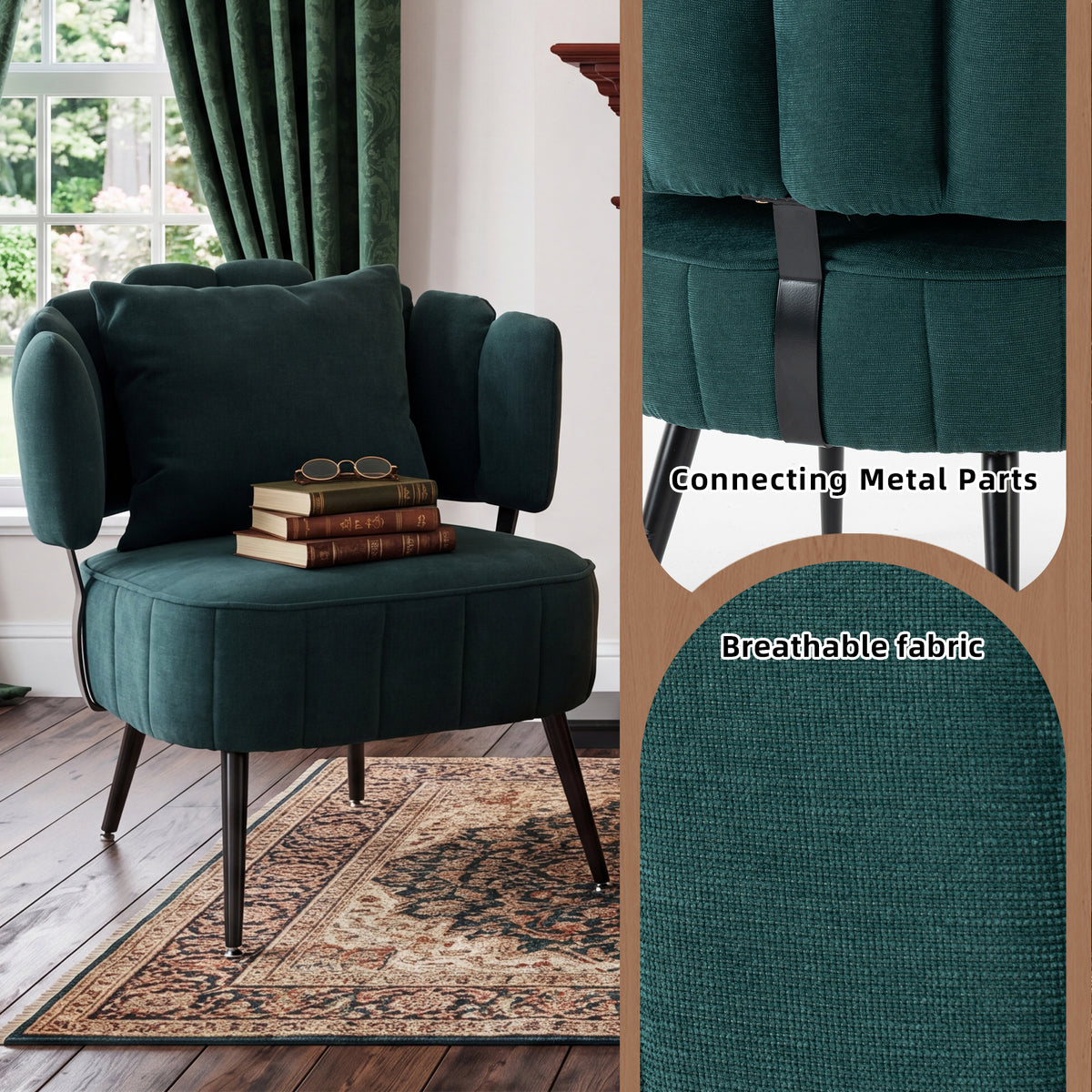 Decorative armchair with a spring seat cushion and slipcover, Chenille living room tub chair, comfortable modern sofa armchair, ideal for reading in small bedrooms, Green