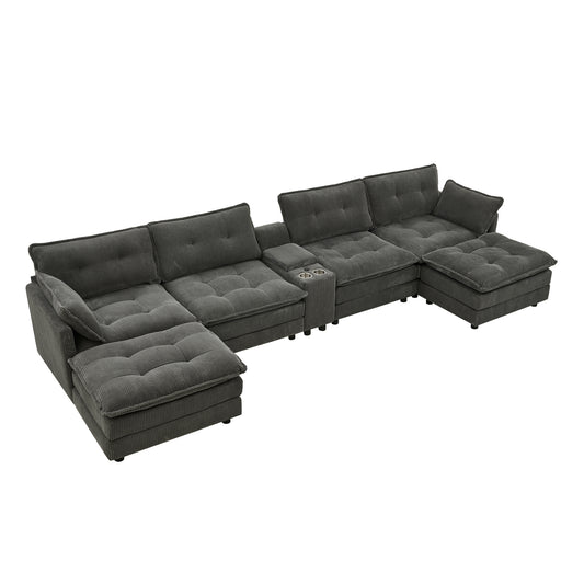154' Sectional Cloud Sofa Couch with Ottomans, Modular U Shaped Couches for Living Room, Comfy Corduroy Oversized Sectional Modern 6 Seat Deep Seat Sofa Set with Central Console USB Port, Grey