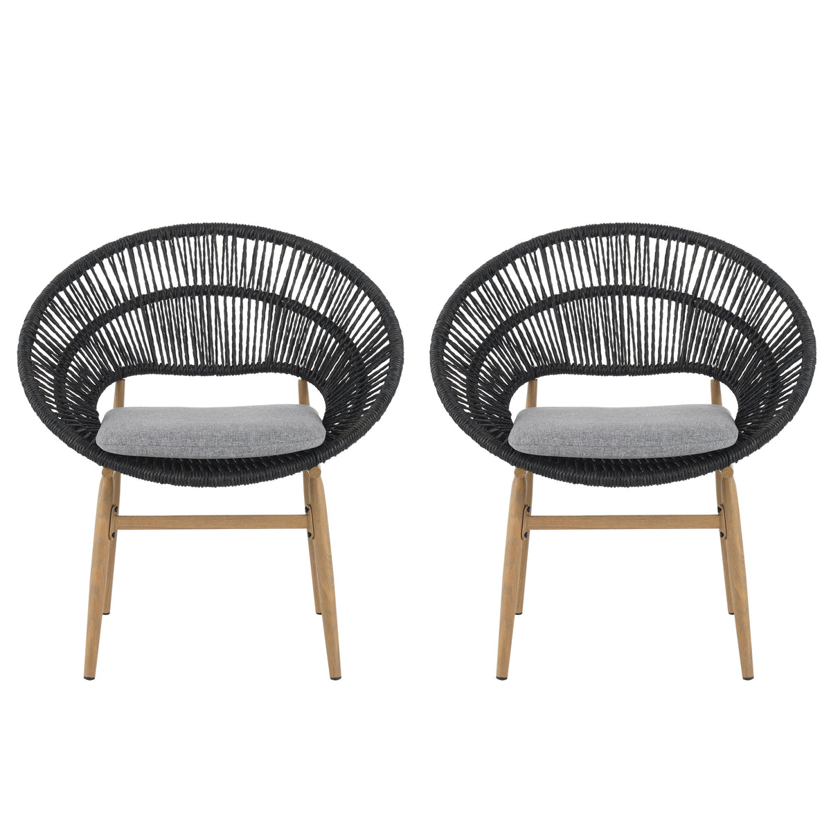 Cyril Outdoor Wicker Papasan Style Dining Chair, Teak Finished Leg and Dark Gray Faux Rattan, Gray Cushion, Set of 2