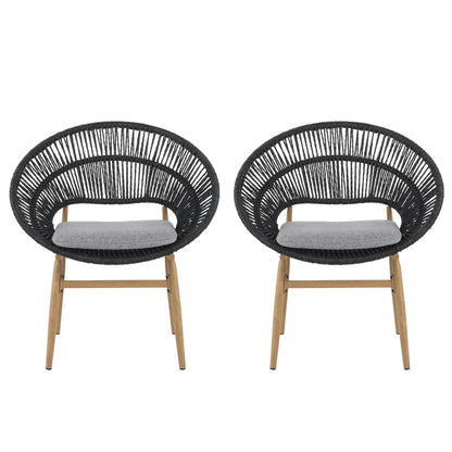 Cyril Outdoor Wicker Papasan Style Dining Chair, Teak Finished Leg and Dark Gray Faux Rattan, Gray Cushion, Set of 2