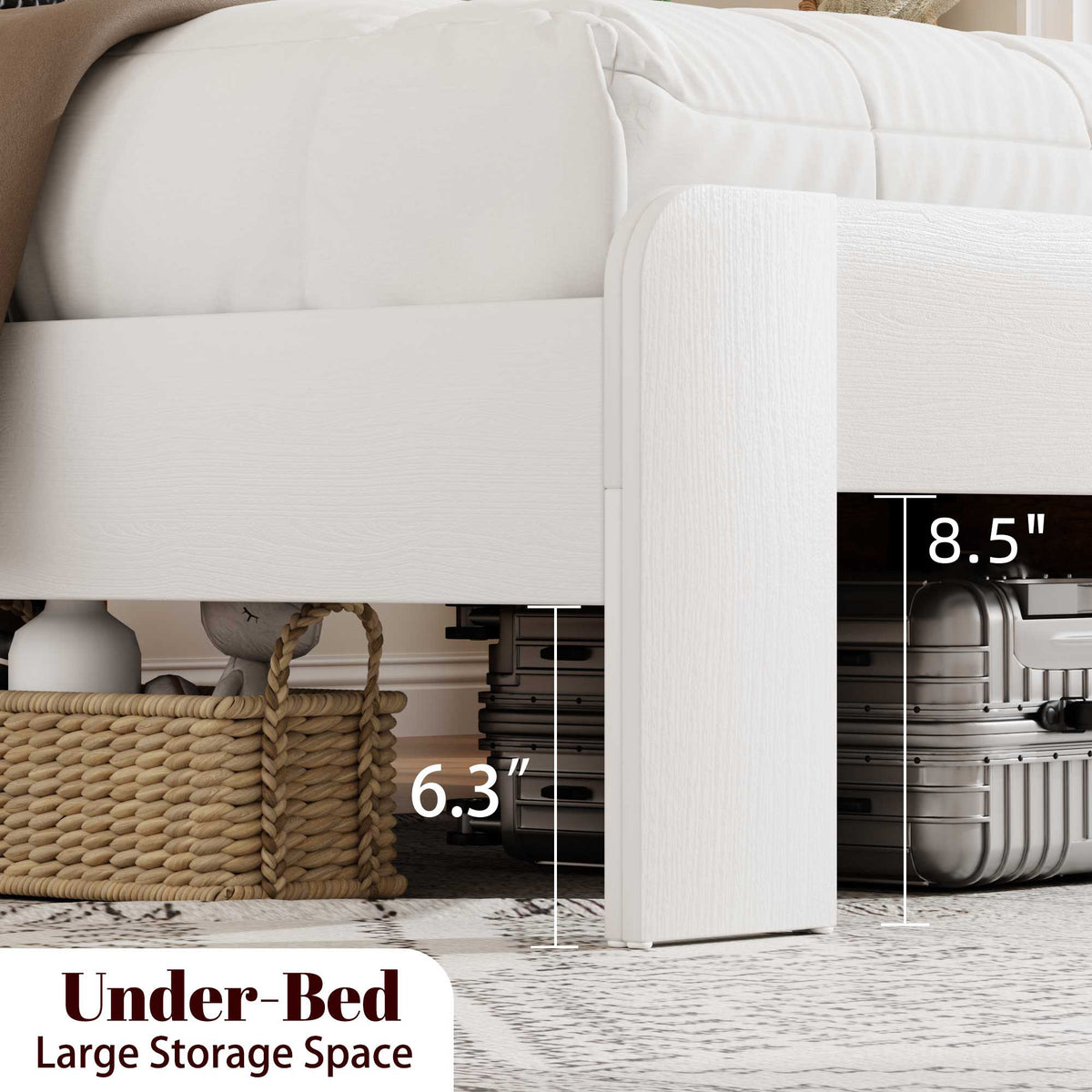 King size bed, metal bed frame with charging station, no need for box spring, (white), no noise, easy to assemble.