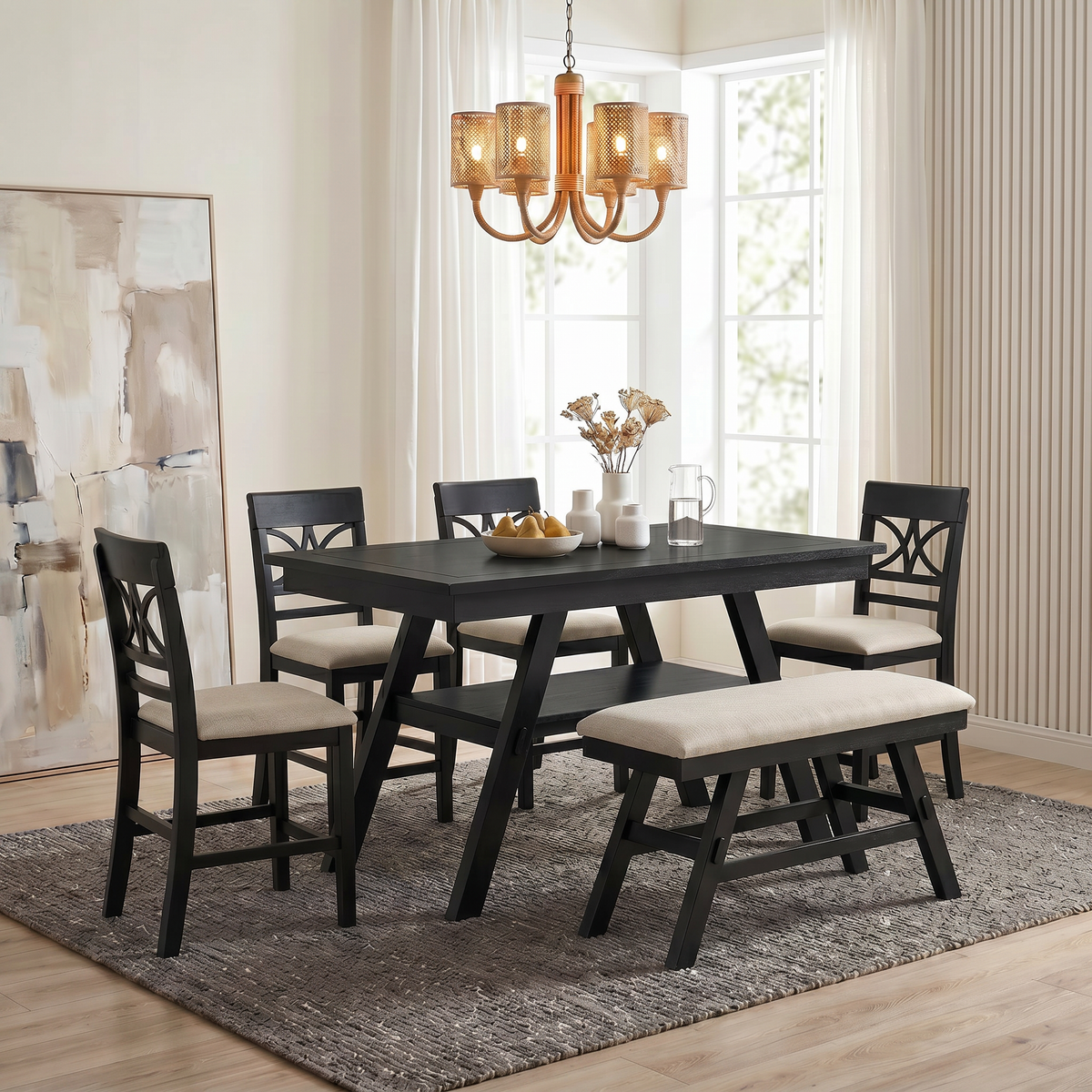 TOPMAX 6-Piece Wood Counter Height Dining Table Set with Storage Shelf, Kitchen Table Set with Bench and 4 Chairs, Rustic Style