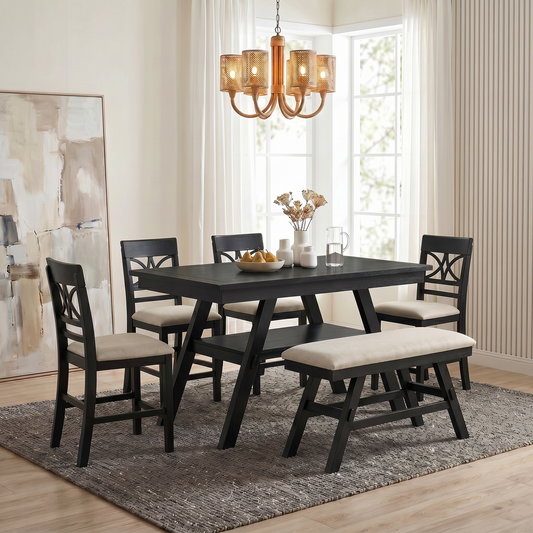 TOPMAX 6-Piece Wood Counter Height Dining Table Set with Storage Shelf, Kitchen Table Set with Bench and 4 Chairs, Rustic Style