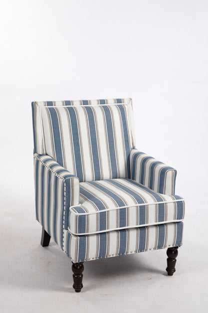 Upholstered Accent Chair, Vintage Armchair with Solid Wood Legs, Blue and White Striped Linen Fabric and Nailhead Trim for Living Room