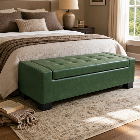 Green Storage Ottoman Bench, PU Upholstered Footrest with Solid Wood Legs, 50.08" Indoor Ottoman