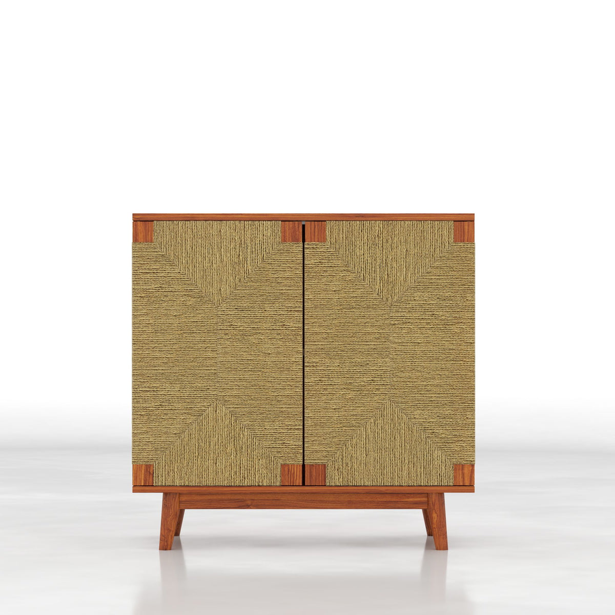Mid Century Boho Freestanding Accent Cabinet, Handmade Paper Rope Woven Push-to-Open Double Doors, , Adjustable  Shelf, Sideboard Storage Cabinet for Kitchen Entryway  Living Room