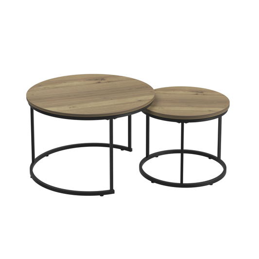 Nesting Coffee Table Set of 2, 27.6inch Round Industrial Wood Finish with Sturdy Metal Frame, Brown Wood+Metal Side Tables for Living Room Bedroom Balcony Yard