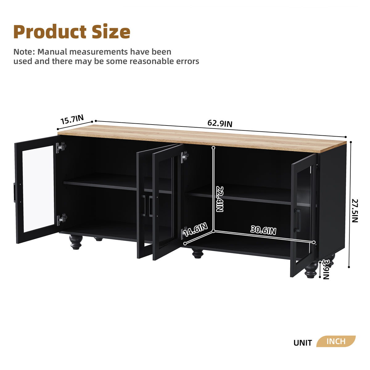 ON-TREND Farmhouse TV Stand with Tempered Glass Doors for TVs Up to 70", Versatile Sideboard with Adjustable Shelves