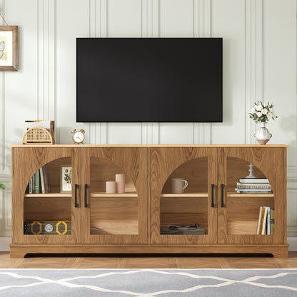 Farmhouse TV Stand with Semi-Arched Glass Doors for TVs Up to 70", Elegant Two-Tone Media Console with Adjustable Shelves, Wood Grain Sideboard with Cable Management for Living Room, Brown+Natural