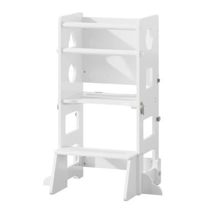 4-in-1 Toddler Kitchen Step Stool,Foldable Learning Standing Tower with Blackboard, Wooden Kitchen Stool Helper for Kids, 1-3 Year Old Boy Girl Gifts(White)