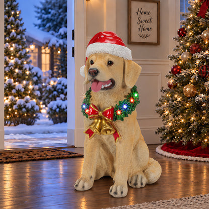 Lighted Christmas Labrador Retriever Dog Statue, Santa Hat Puppy Figurine with LED Wreath and Bells