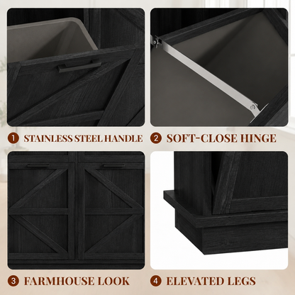 Tilt Out Trash Can Cabinet for Kitchen, Double 10-Gallon Hidden Trash Cabinet with Drawer, Farmhouse Wooden Garbage Cabinet, Dog Proof Trash Can Storage for Kitchen Laundry Living Room Office