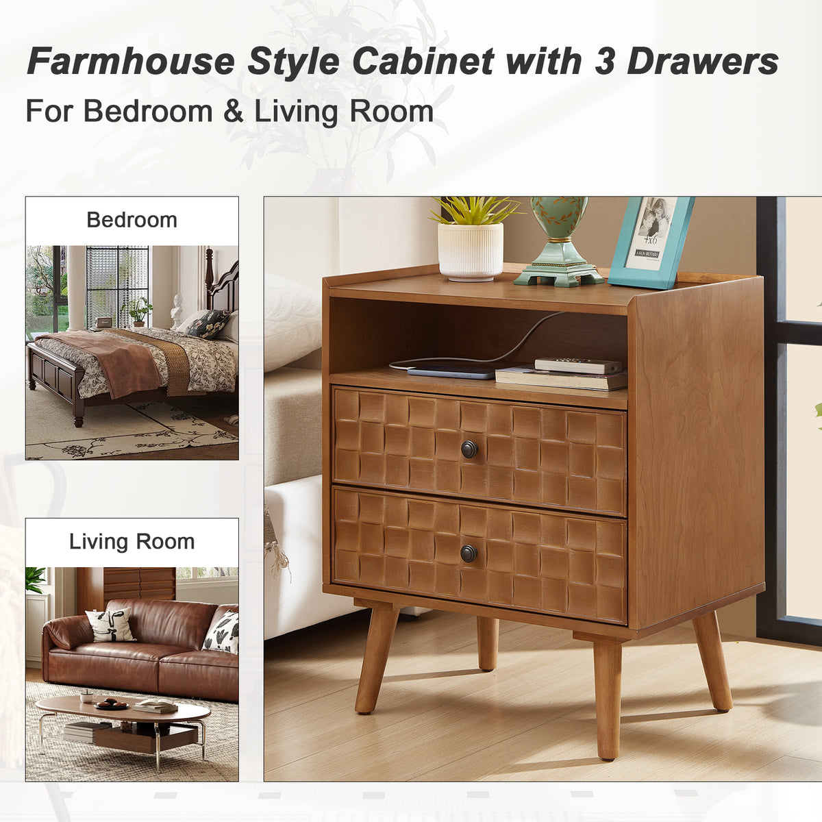 Nightstand with Charging Station, 2 Drawer Bedside Table with Shelf  Features geometric drawer fronts, open storage, USB and AC charging, and solid wood legs for everyday convenience
