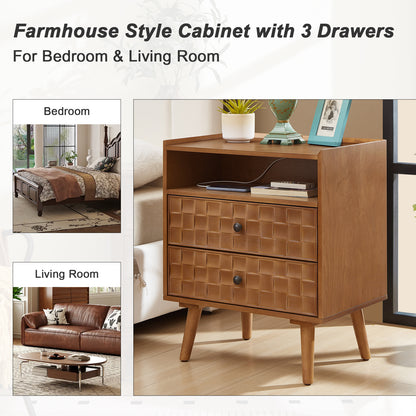 Nightstand with Charging Station, 2 Drawer Bedside Table with Shelf  Features geometric drawer fronts, open storage, USB and AC charging, and solid wood legs for everyday convenience