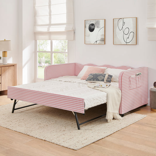 Twin‑Size Daybed, Gingham Upholstered 3‑in‑1 Versatile Convertible Sofa Bed with Pull‑Out Trundle & Side Storage Pockets, Ideal for Multiple Room Layouts and Small‑Space Living-Pink