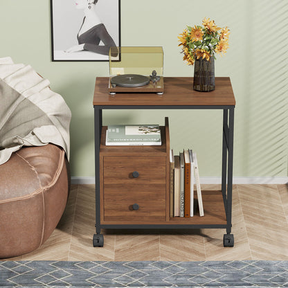 End Table with Wheels & Storage Drawers, Side Table,  Nightstand, Stable Metal Frame, Wood Top, for Bedroom Kitchen Living Room and Office, 14.9"D x 23.6"W x 25.7"H