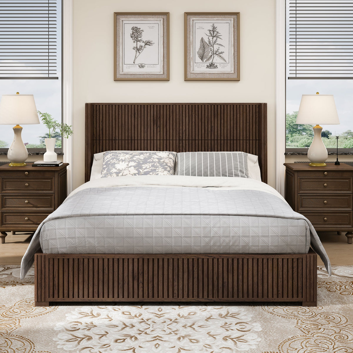Solid Wood Platform Bed Frame with Headboard, No Box Spring Needed, Floor-standing bed, Easy Assembly, Queen Size, Walnut