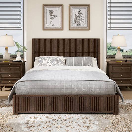 Solid Wood Platform Bed Frame with Headboard, No Box Spring Needed, Floor-standing bed, Easy Assembly, Queen Size, Walnut