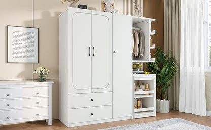 Multifunctional Wardrobe with 2 Doors and Hanging Rod, Wooden clothes closet with Convertible Desk and Storage Drawers – Model W1580S00475